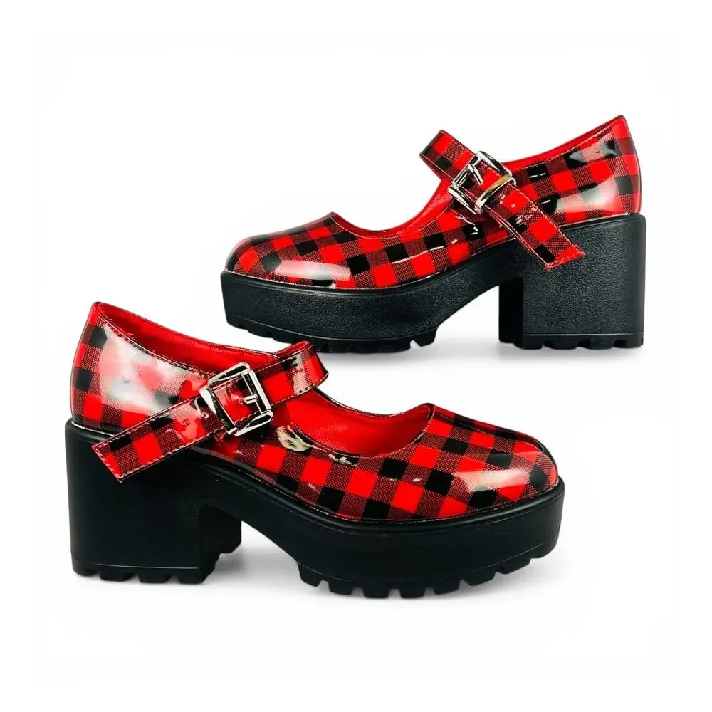Koi Footwear Red Black Plaid Platform Mary Jane Chunky Lug Heel Size EU 36